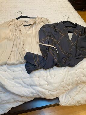 Cream Silk Blouse and Navy Patterned Top work shirts